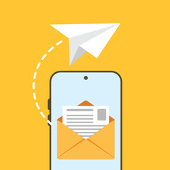 Poster - Send email from smartphone icon in flat style. Paper plane vector illustration on isolated background. Message transfer sign business concept.