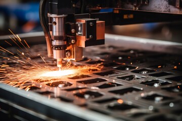 Poster - Laser cutting machine engraving metal plate with sparks flying in workshop