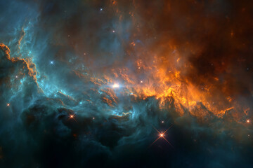 Aufkleber - Cosmic nebula image, swirling teal and orange gas clouds, bright stars shine, evokes mystery, vastness, and celestial beauty, perfect for space themes