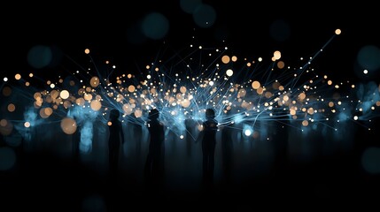 Poster - Silhouettes of people standing against magical glowing blue bokeh lights and sparkles creating ethereal atmosphere at night, mystical dreamy background.