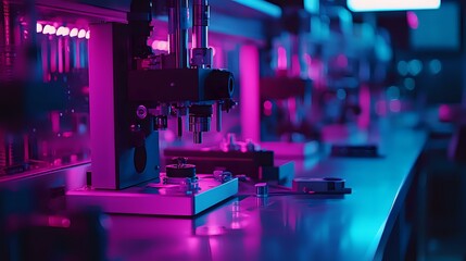 Poster - Microscope in modern laboratory illuminated by vibrant neon purple and blue lights creating futuristic scientific atmosphere with blurred background for research concepts.