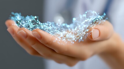 Poster - Gentle female hands holding glowing blue magical sparkles and light particles floating in air against dark background, creating ethereal atmosphere.