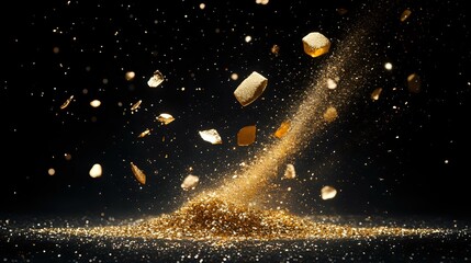 Poster - Magical golden glitter explosion with floating books against dark background, sparkling dust trail and particles creating dreamy atmosphere.