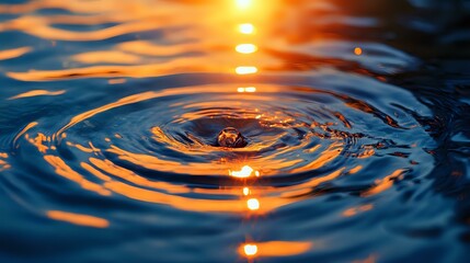 Poster - Mesmerizing water ripples with golden sunset reflections creating concentric circles on dark blue water surface, capturing tranquil nature moment at dusk.