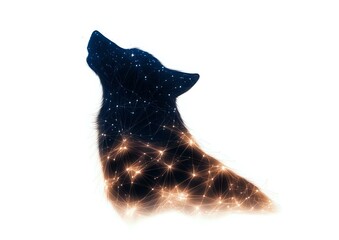 Poster - Mystical wolf silhouette filled with starry night sky and glowing constellation pattern, creating magical double exposure effect on white background.