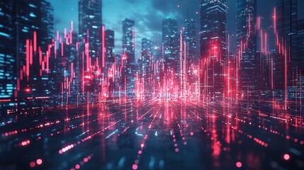 Poster - Cyberpunk Cityscape:  Financial Data Streams Over Modern Metropolis at Night