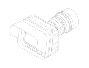 Poster - A camera with a screen on the front. The camera is black and white. The camera is a small device. Isometric view. 3D