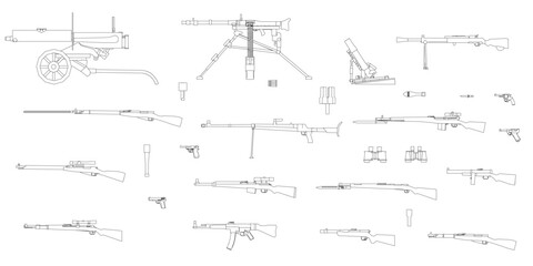 Poster - A series of black and white drawings of guns. The drawings are all different sizes and shapes, but they all have a similar theme. Scene is serious and somber, as the drawings depict weapons of war