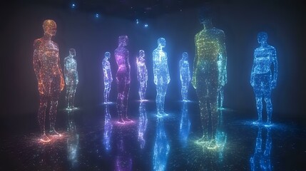 Poster - glowing holographic figures standing in dark space with neon light effects creating futuristic atmos