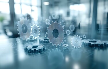 Poster - Digital gears and cogs floating in modern office space, representing business automation, workflow optimization and technological innovation process.