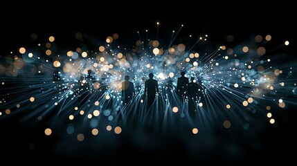 Poster - glowing blue light rays burst through darkness with scattered golden bokeh effects creating magical 