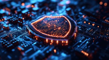 Poster - Shield shape on computer circuit board with blue and orange glowing lights.