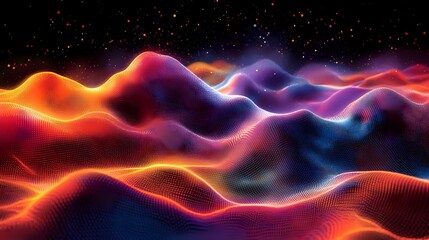 Poster - Vibrant digital wave landscape with glowing orange and blue neon lines flowing across dark background, creating dynamic abstract terrain with particle effects.