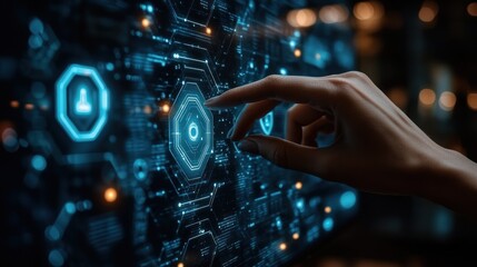 Poster - Hand interacting with a glowing futuristic interface with circuit board patterns.