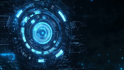 Poster - Glowing blue circular technology pattern with digital elements and futuristic interface design on dark background, suitable for tech presentations and digital concepts.