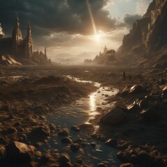 Wall Mural - ai-generated dramatic fantasy landscape with a medieval castle at sunset
