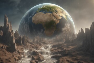 Wall Mural - ai-generated surreal landscape with earth in the background, featuring rocky terrain