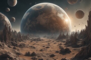 Wall Mural - ai-generated stunning alien landscape featuring multiple planets and rocky terrain
