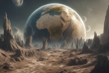Wall Mural - ai-generated surreal alien landscape with towering rock formations and earth-like planet in the sky