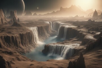 Wall Mural - ai-generated futuristic alien landscape with cascading waterfalls and distant planets