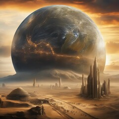 Wall Mural - ai-generated futuristic cityscape with towering structures and a giant planet in the sky