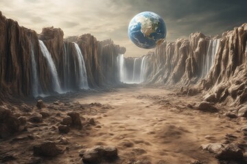 Wall Mural - ai-generated surreal landscape with cascading waterfalls and a floating earth in a dramatic sky.