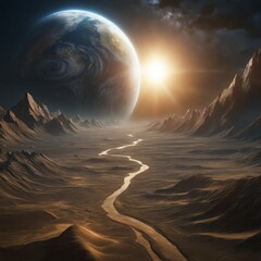 Wall Mural - ai-generated stunning alien landscape with a river, distant mountains, and a planet in the sky