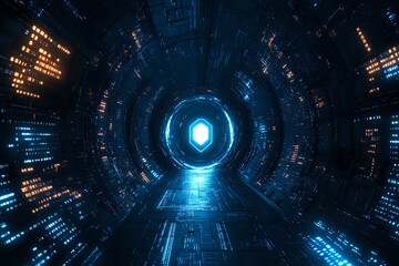 Poster - Glowing blue hexagon portal in futuristic cyber tunnel with digital data streams and orange light effects, abstract technology background for sci-fi concepts.