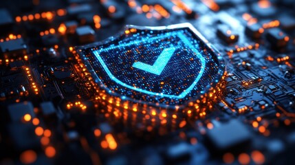 Poster - Security shield icon with checkmark on circuit board glowing with orange lights.