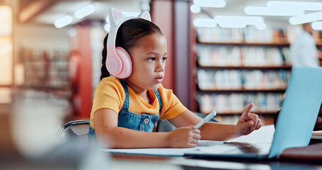 Poster - Student, child and laptop with headphones in library for elearning lesson, online teaching platform or video call. Distance learning, education or girl with technology for language class or knowledge