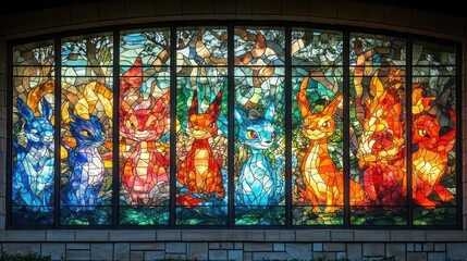 Wall Mural - Colorful stained glass window depicting mythical creatures