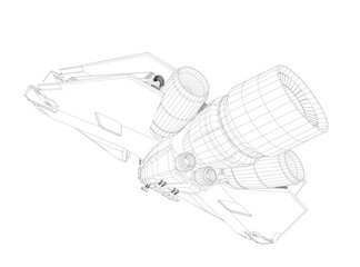 Poster - A drawing of a space shuttle with a rocket engine. The drawing is in black and white. The space shuttle is shown in a very detailed manner, with the rocket engine being the main focus