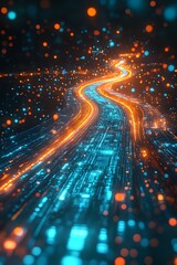 Poster - Glowing digital highway with orange and blue light trails against dark background, representing data flow and technological connectivity in modern networks.