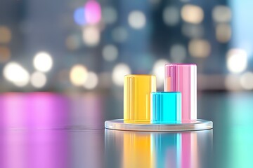 Poster - Colorful glass cylinders on reflective surface with soft bokeh background in pink, yellow and blue tones create modern minimalist composition.
