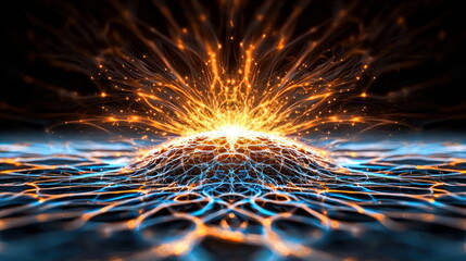 Fototapete - Abstract glowing neural network with orange and blue light streams represents complex data processing.