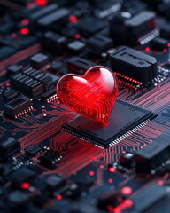Fototapete - A shiny red heart rests on a complex computer circuit board with glowing red connections and components.
