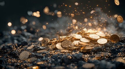 Poster - Golden coins scattered on dark surface with water splashes and bokeh light effects creating magical financial atmosphere for business and wealth concepts.