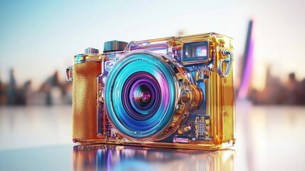 Aufkleber - A transparent digital camera with visible internal components is displayed with a blurred cityscape background.