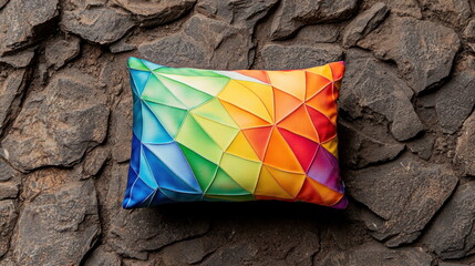 Poster - A colorful geometric pillow rests upon a textured surface of dark volcanic rock outdoors in natural light.