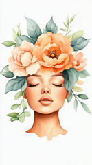 Aufkleber - A beautiful woman with eyes closed is adorned with peach flowers and green leaves in a dreamy illustration.