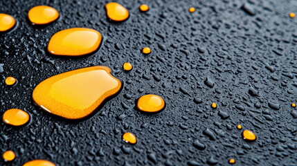 Fototapete - Several shiny, golden drops of viscous liquid rest on a textured black surface creating abstract pattern.