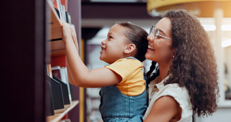 Poster - Bookshelf, mother and girl with support, smile and bonding together with hobby, education and knowledge. Family, parent and mama with daughter, literacy and love with options, decision and learning