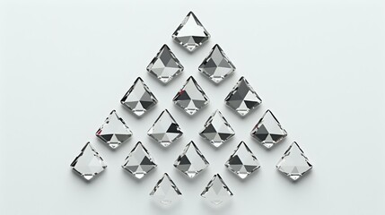 Poster - Minimalist geometric composition with folded paper triangles arranged in pyramid shape on light background, creating dynamic shadows and depth. Perfect for modern design projects.