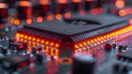 Poster - Glowing red LED lights illuminate electronic circuit board with microprocessor chip in macro view, highlighting modern technology and digital innovation.