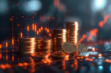 Poster - Stacks of golden coins against financial chart background with red market data visualization, dramatic lighting creates depth and reflection on metal surface.