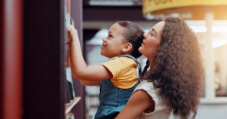 Poster - Bookshelf, mother and girl with support, help and bonding together with hobby, learning and knowledge. Family, parent and mama with daughter, literacy and love with options, decision and education