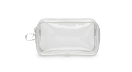 ai image displays an empty, transparent plastic toiletries bag with white trim and zipper, isolated 