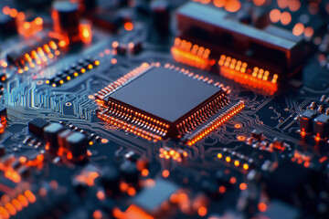 Poster - close up of a computer chip with a lot of lights on it. The chip is orange and black