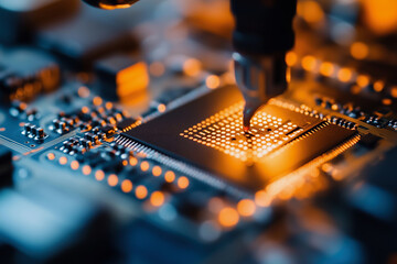 Poster -  close up of a computer chip with a small hole in it. Concept of precision and delicacy, as the tiny hole is being carefully made on the chip. The focus on the small details of the chip