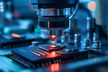 Poster - computer chip is being examined under a microscope. Concept of precision and scientific exploration